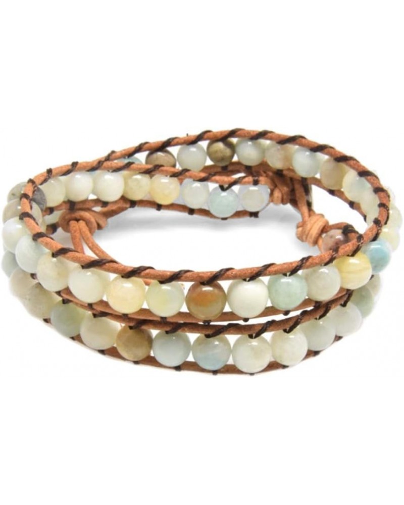 Real Stones Wrap Bracelet Handmade Woven Brown Leather Multilayer 6mm Beads Bangle Fashion Style Amazonite $11.85 Bracelets