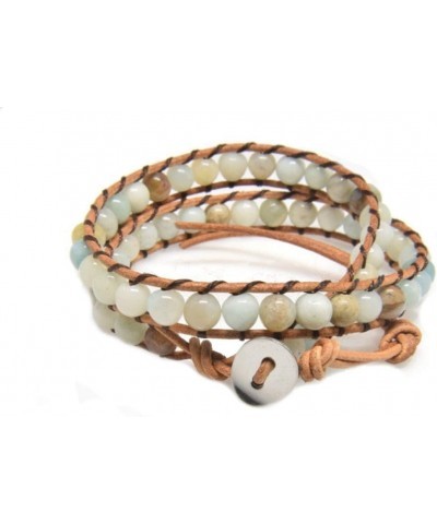 Real Stones Wrap Bracelet Handmade Woven Brown Leather Multilayer 6mm Beads Bangle Fashion Style Amazonite $11.85 Bracelets