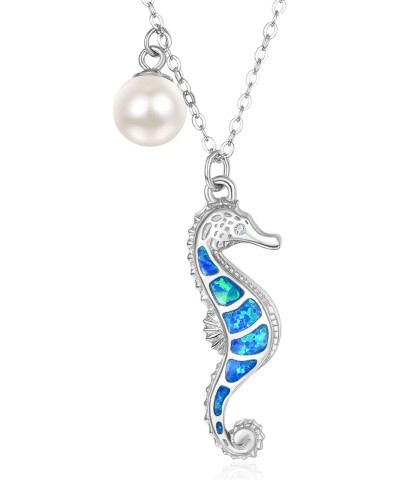 Seahorse Necklace Sterling Siver Blue Opal Seahorse Ocean Pendant Jewelry Single Pearl Seahorse Gifts for Women Girls $28.60 ...