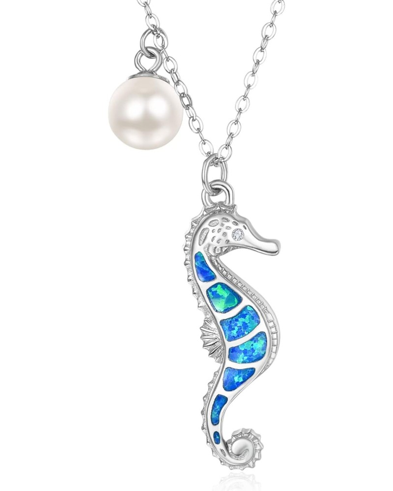 Seahorse Necklace Sterling Siver Blue Opal Seahorse Ocean Pendant Jewelry Single Pearl Seahorse Gifts for Women Girls $28.60 ...