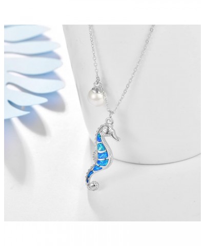 Seahorse Necklace Sterling Siver Blue Opal Seahorse Ocean Pendant Jewelry Single Pearl Seahorse Gifts for Women Girls $28.60 ...