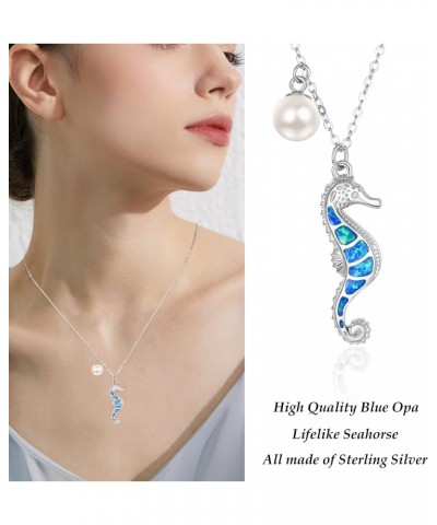 Seahorse Necklace Sterling Siver Blue Opal Seahorse Ocean Pendant Jewelry Single Pearl Seahorse Gifts for Women Girls $28.60 ...