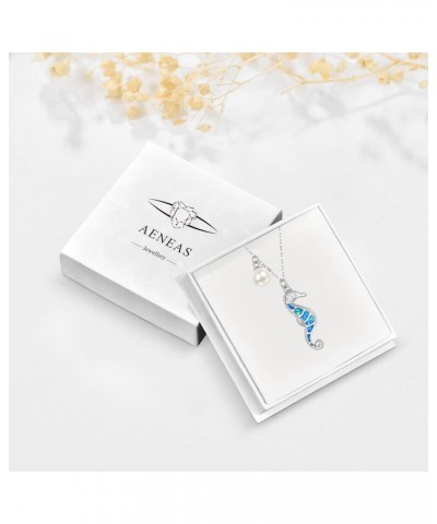 Seahorse Necklace Sterling Siver Blue Opal Seahorse Ocean Pendant Jewelry Single Pearl Seahorse Gifts for Women Girls $28.60 ...