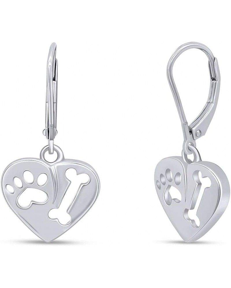 Bone & Paw Print Lever Back Heart Dangle Earrings Jewelry For Women 14k Gold Over Sterling Silver white-gold-plated-silver $1...