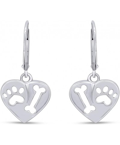 Bone & Paw Print Lever Back Heart Dangle Earrings Jewelry For Women 14k Gold Over Sterling Silver white-gold-plated-silver $1...