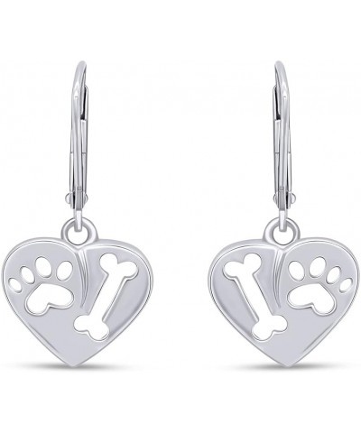 Bone & Paw Print Lever Back Heart Dangle Earrings Jewelry For Women 14k Gold Over Sterling Silver white-gold-plated-silver $1...