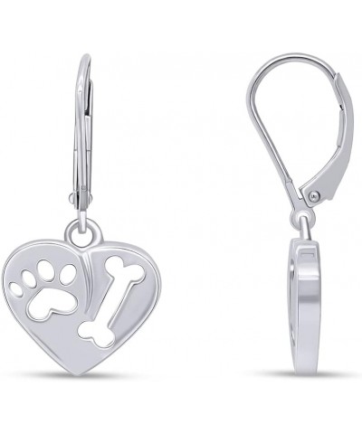 Bone & Paw Print Lever Back Heart Dangle Earrings Jewelry For Women 14k Gold Over Sterling Silver white-gold-plated-silver $1...