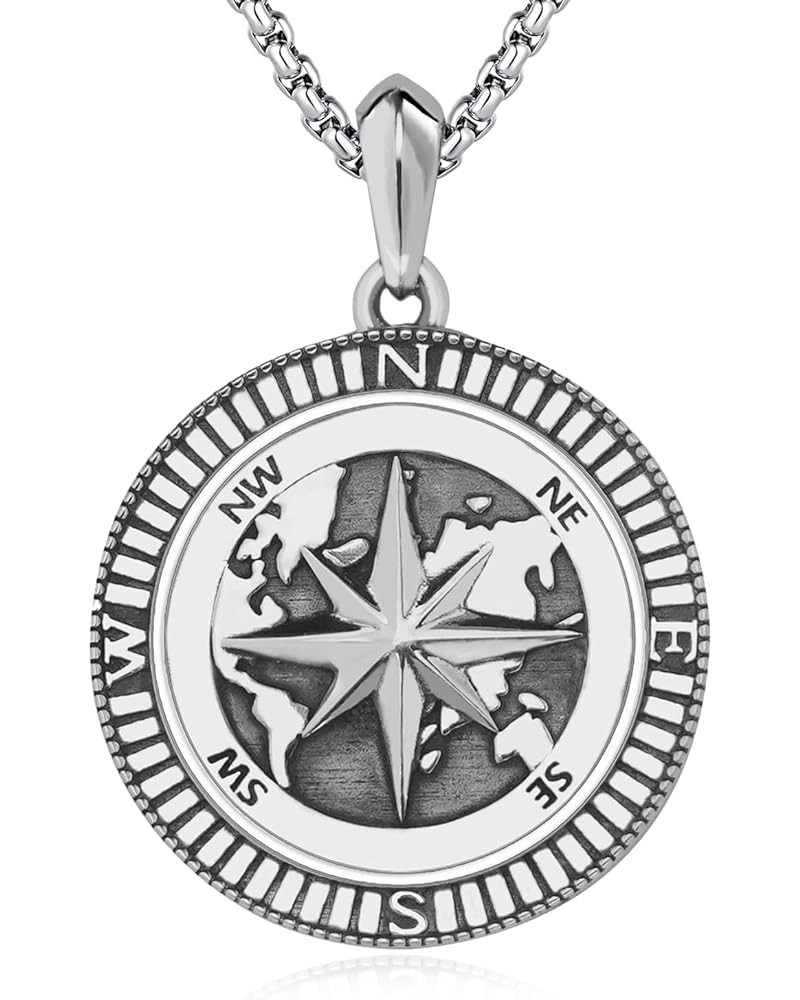 925 Sterling Silver Compass Pendant Necklace for Men, Graduation inspirational Jewelry Gift for Women Men. A-World map compas...