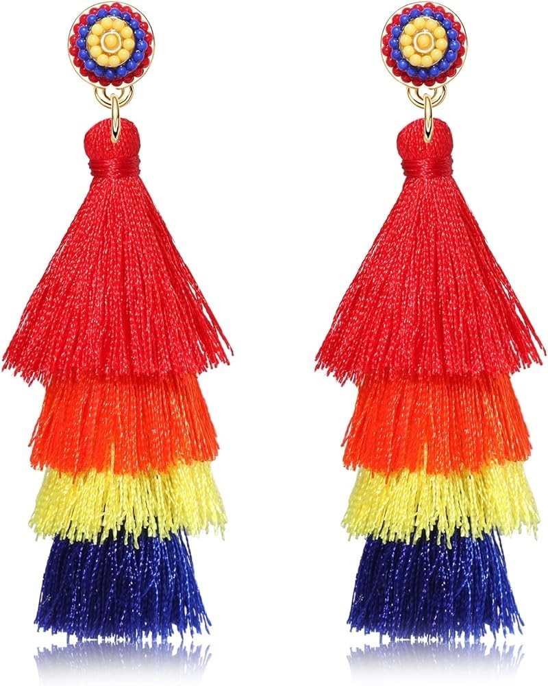 Tiered Tassel Drop Earrings Druzy Round Top Earring Studs for Women Fiesta Red Orange Yellow $6.59 Earrings