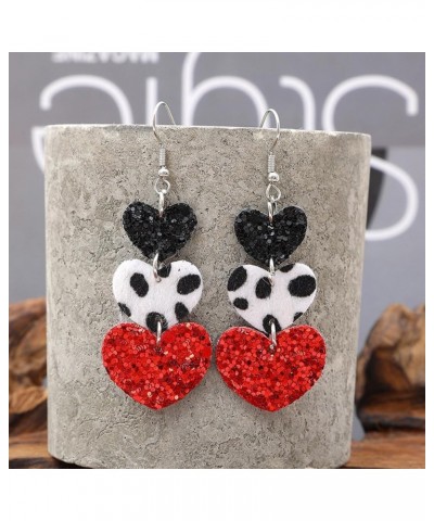 Love Hearts Dangle Earrings Plaid Shimmer Shiny Leather Drop Earrings Leopard Print Three Hearts Earrings for Women Girls Val...