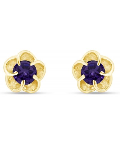 Round Cut Simulated Birthstone Single Stone Flower Stud Earrings With Push Back Jewelry For Women In 14k Gold Over Sterling S...