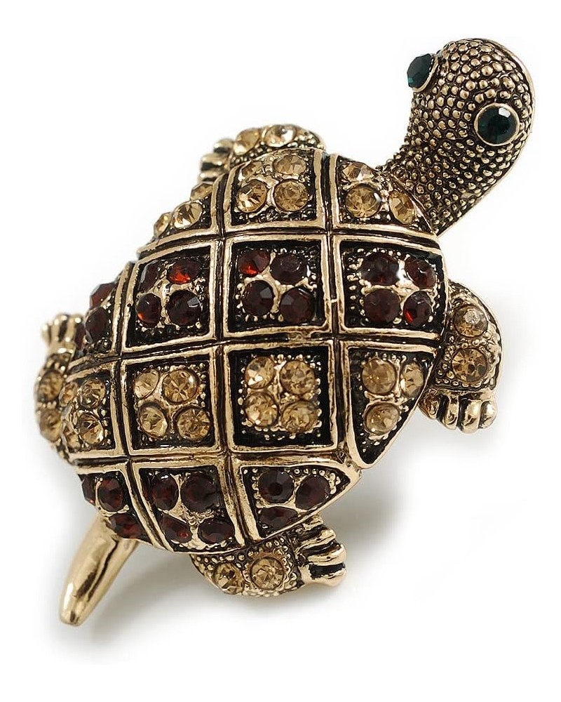 Vintage Inspired Amber/Citrine Crystal Turtle Brooch in Aged Gold Tone - 50mm Long $14.66 Brooches & Pins