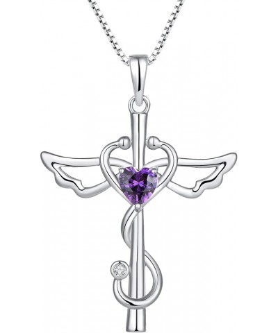 Stethoscope Cross Pendant Necklace 925 Sterling Silver Angel Wings Heart Nurse Jewelry for Women 02-Amethyst-Feb $23.65 Neckl...