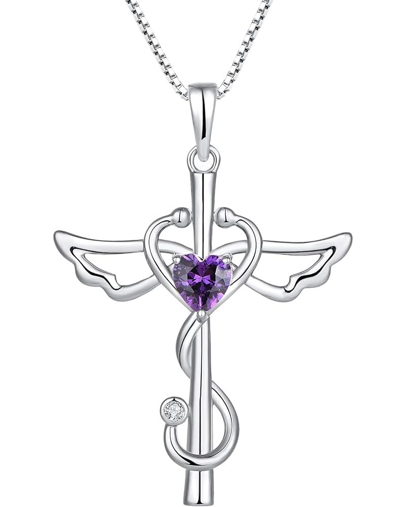 Stethoscope Cross Pendant Necklace 925 Sterling Silver Angel Wings Heart Nurse Jewelry for Women 02-Amethyst-Feb $23.65 Neckl...