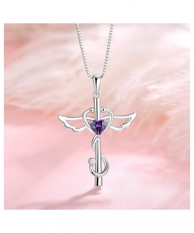 Stethoscope Cross Pendant Necklace 925 Sterling Silver Angel Wings Heart Nurse Jewelry for Women 02-Amethyst-Feb $23.65 Neckl...