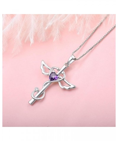 Stethoscope Cross Pendant Necklace 925 Sterling Silver Angel Wings Heart Nurse Jewelry for Women 02-Amethyst-Feb $23.65 Neckl...