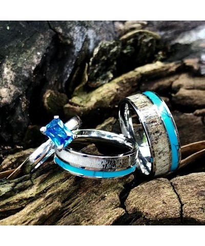 3 pc Natural Deer Antler Ring with Turquoise Inlay Engagement ring Mens Womens Wedding Ring Set Stainless Steel Sterling Silv...