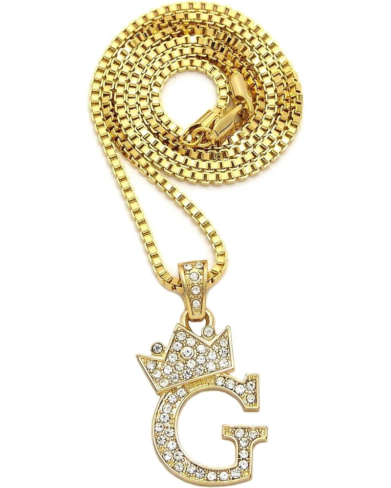 Rhinestone Studded Crown Small Initial Alphabet Letter Pendant Necklace 24" Box Chain Necklaces in Gold Tone or Silver Tone G...