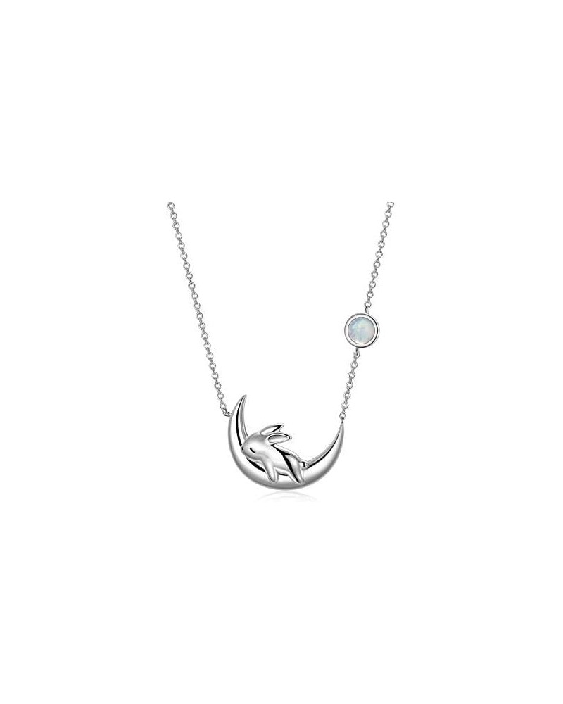 Sterling Silver Cute Bunny on the Moon Necklace for Women, Simulated Moonstone Pendant Necklaces,Birthday Gift for Women Girl...