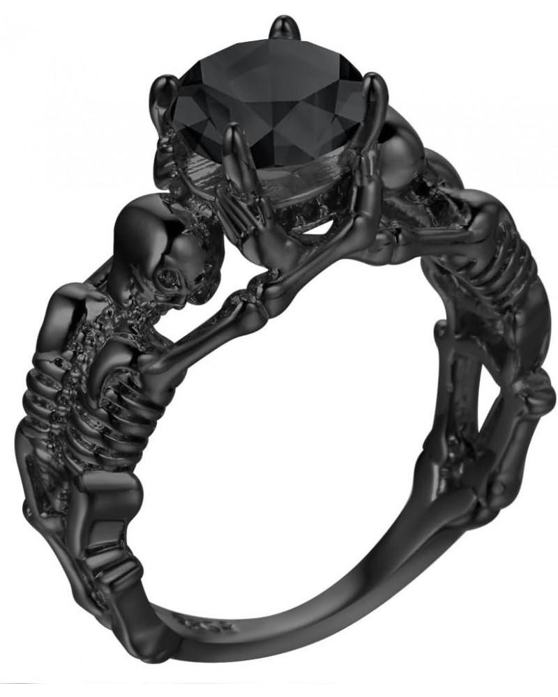 Black Boho Style Antique Gothic Skull Ring Oxidized Finished Round Cut Created Black Spinel CZ Cubic Zirconia Filled Engageme...