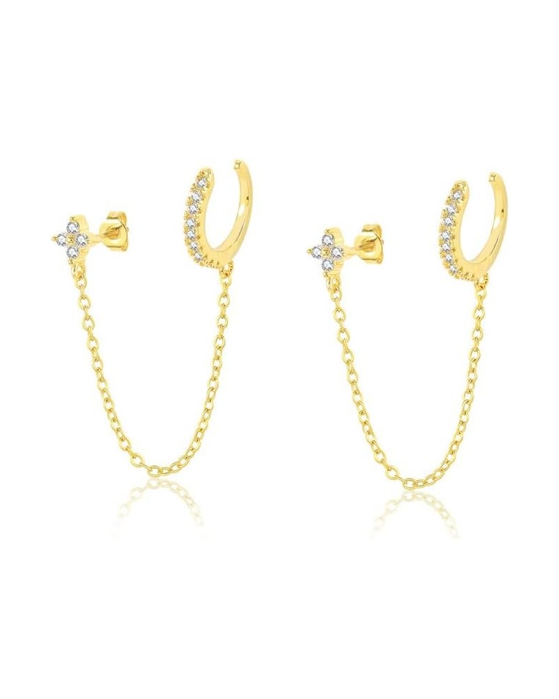 Double Piercing Earrings Silver Gold Cz Cubic Zirconia Stone Chain Link Dangle Stud Earrings Gold Cuff Cz Flower Stud $10.90 ...