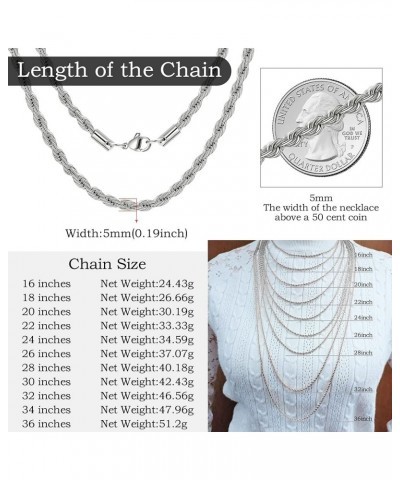 Twist Chain Necklace - Stainless Steel Rope Jewelry for Men & Women 22 Inches 5mm Wide $9.71 Necklaces