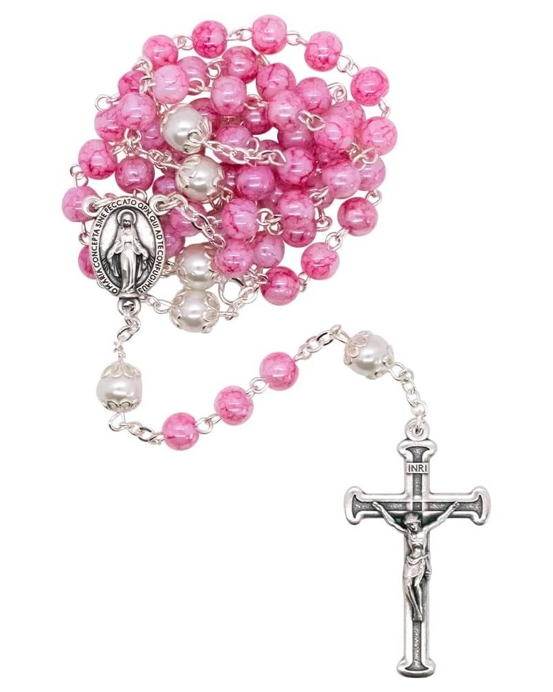 Miraculous Medal Rosary with Clasp | Marbleized Pastel Hail Mary Beads | Silver-Tone Chain and Crucifix | Great Catholic Gift...