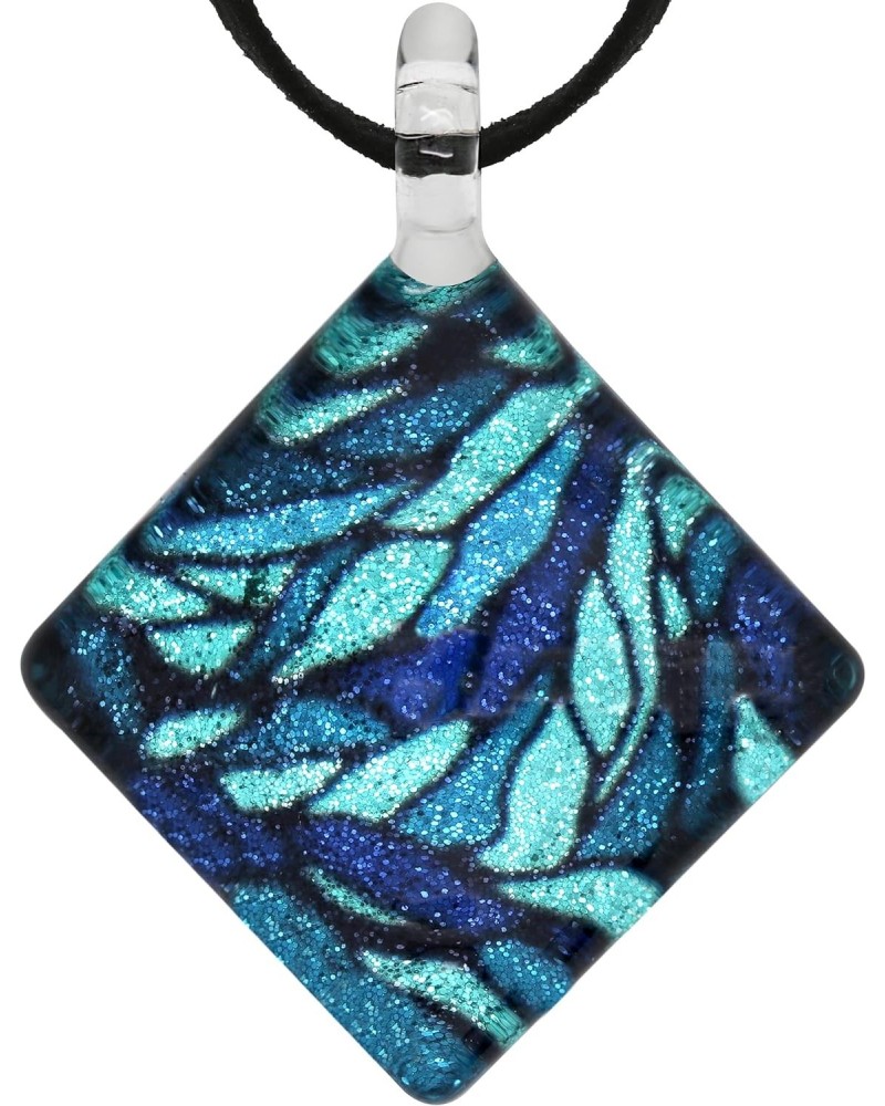 Hand Blown Glass Blue Tone Mosaic Pattern Square Pendant Necklace for Women, 16-18 inches $11.87 Necklaces