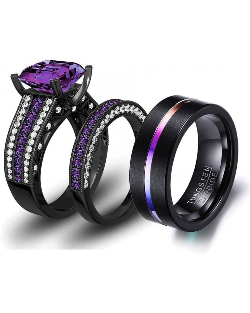 3pc Two Rings His and Hers Couple Rings Bridal Sets His Hers Women Black Gold Plated Purple Cz Man Tungsten Carbide Wedding R...