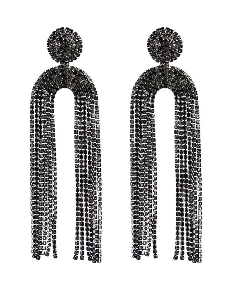 Rhinestone Earrings Dangling for Women Long Crystal Chandelier Dangle Tassel Earrings Round-Tassel-Black $10.99 Earrings