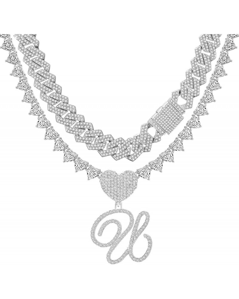 Silver Cuban Link Chain for Women Cursive Initial Layered Necklaces Heart Shape Bling Diamond Iced Out Pendant Necklace for W...