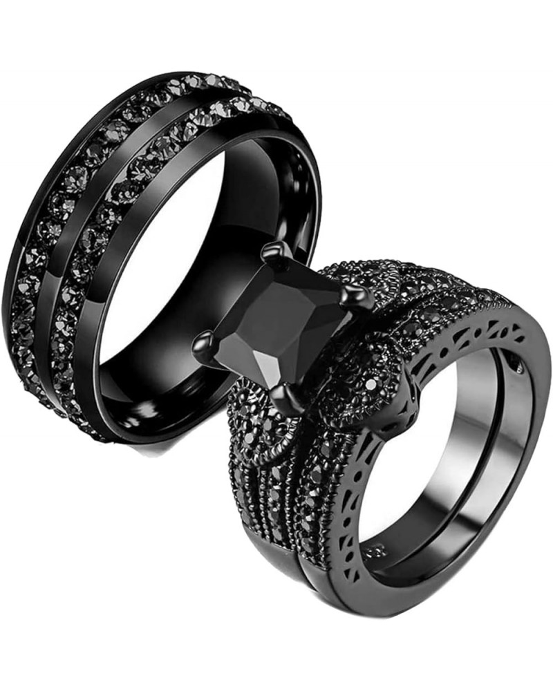 Couple Ring His Hers Women Black Gold Filled Cz Men Stainless Steel Bridal Sets Wedding Band Women's size 8 & Men's size 13 $...