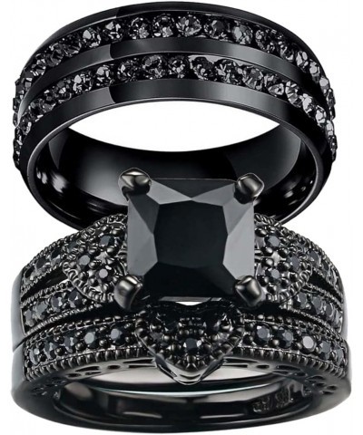 Couple Ring His Hers Women Black Gold Filled Cz Men Stainless Steel Bridal Sets Wedding Band Women's size 8 & Men's size 13 $...