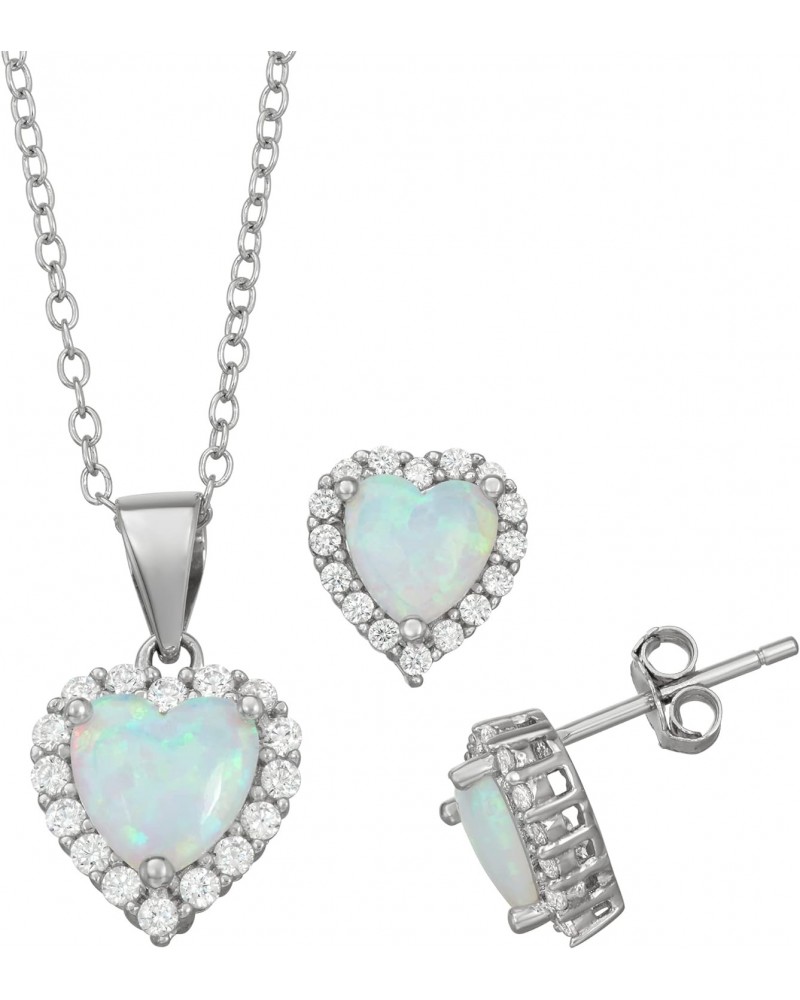 Sterling Silver Prong-Set Heart Shape Opal and CZ Solitaire Pendant with Chain and Earring 3 Piece Set Fashion Jewelry Set fo...