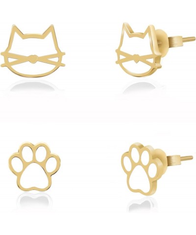 Cute Cat Face Paw 2pair Stud Earring Set for Women Teens Girls Cat Lovers Jewelry 18K GOLD - WHITE COLOR $11.50 Earrings