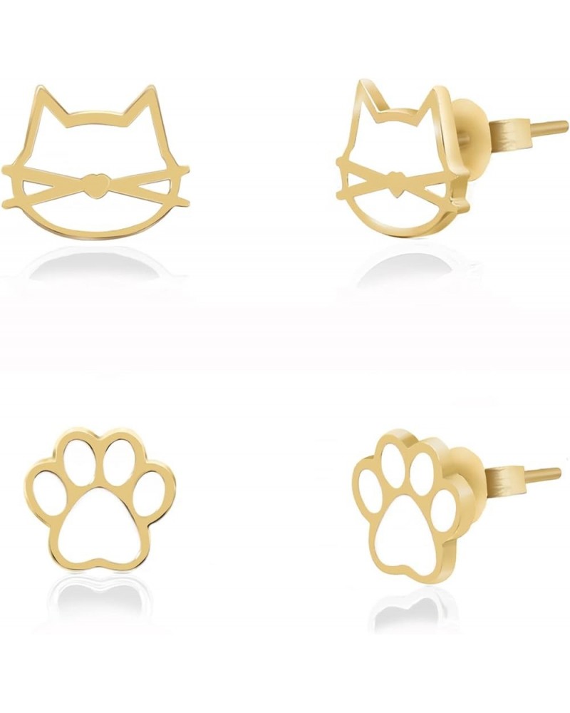 Cute Cat Face Paw 2pair Stud Earring Set for Women Teens Girls Cat Lovers Jewelry 18K GOLD - WHITE COLOR $11.50 Earrings