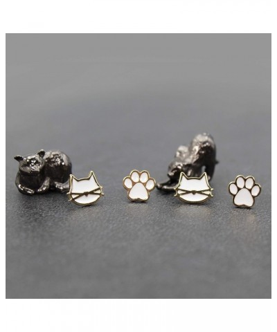 Cute Cat Face Paw 2pair Stud Earring Set for Women Teens Girls Cat Lovers Jewelry 18K GOLD - WHITE COLOR $11.50 Earrings