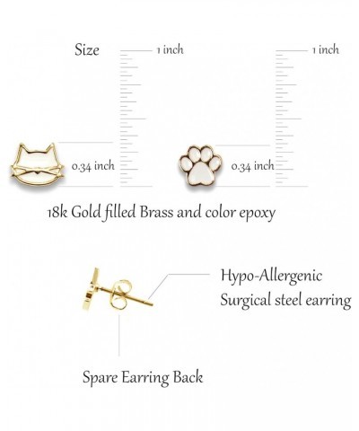 Cute Cat Face Paw 2pair Stud Earring Set for Women Teens Girls Cat Lovers Jewelry 18K GOLD - WHITE COLOR $11.50 Earrings