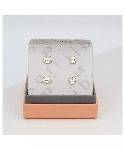 Cute Cat Face Paw 2pair Stud Earring Set for Women Teens Girls Cat Lovers Jewelry 18K GOLD - WHITE COLOR $11.50 Earrings