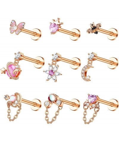 9PCS 16G Dangle Cartilage Stud Earrings for Women 316L Stainless Steel Top Screw Flat Earrings Butterfly Flower Moon Heart CZ...