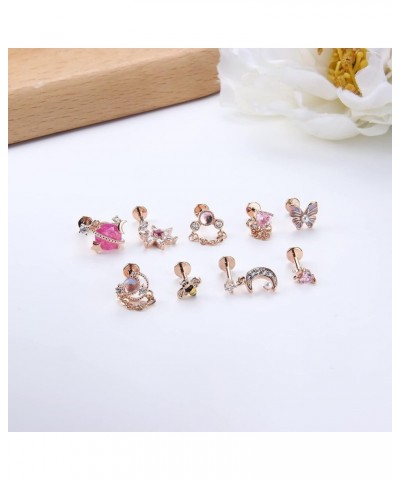 9PCS 16G Dangle Cartilage Stud Earrings for Women 316L Stainless Steel Top Screw Flat Earrings Butterfly Flower Moon Heart CZ...