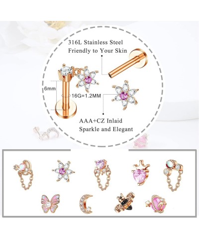 9PCS 16G Dangle Cartilage Stud Earrings for Women 316L Stainless Steel Top Screw Flat Earrings Butterfly Flower Moon Heart CZ...