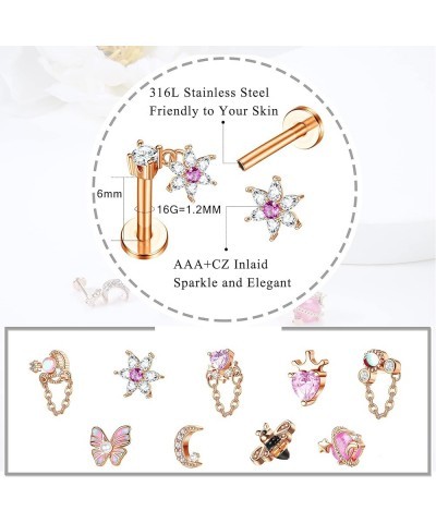 9PCS 16G Dangle Cartilage Stud Earrings for Women 316L Stainless Steel Top Screw Flat Earrings Butterfly Flower Moon Heart CZ...