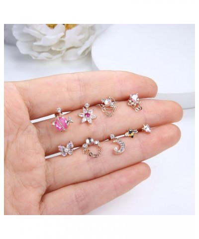 9PCS 16G Dangle Cartilage Stud Earrings for Women 316L Stainless Steel Top Screw Flat Earrings Butterfly Flower Moon Heart CZ...