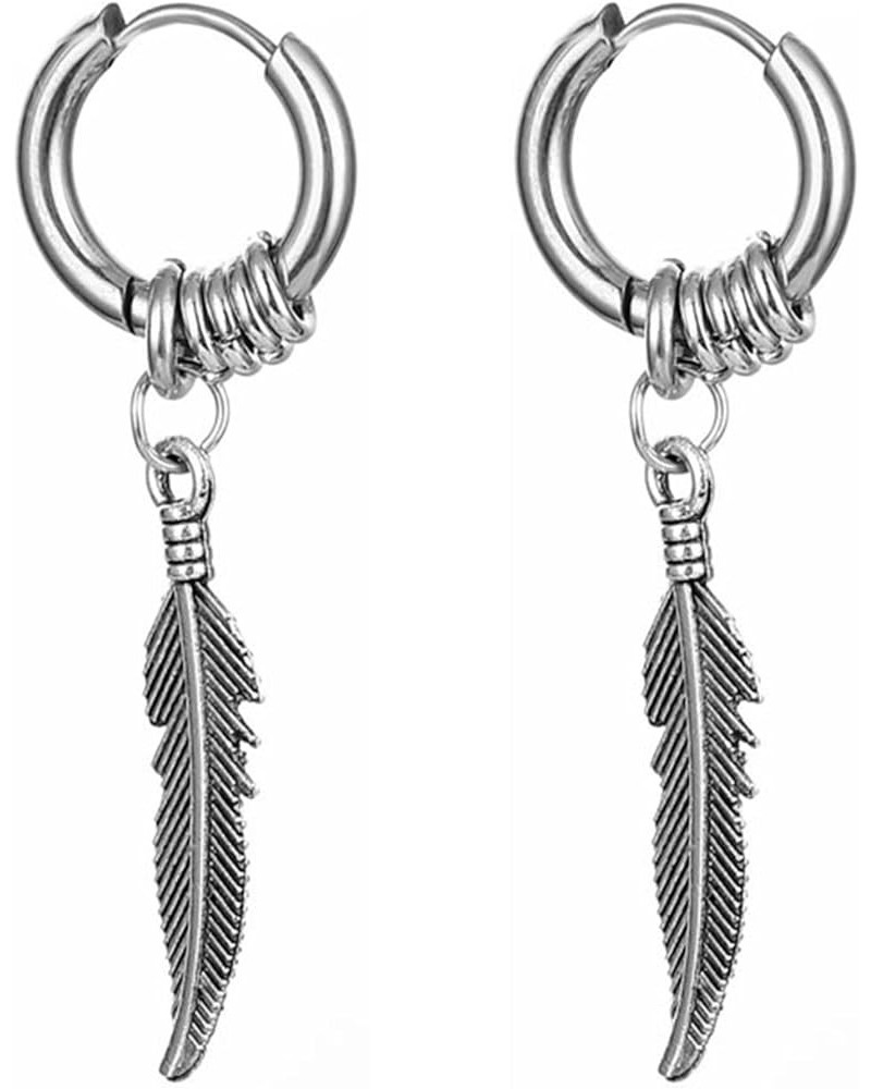 Feather Dangle Earrings for Men Women 316L Surgical Stainless Steel Huggie Hoop Dangle Earrings Punk Hip Hop Vintage Feather ...