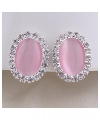 Bridal Rhinestone Opal Oval Shape Clip on Earrings for Women Charm Jewelry No Hole Ear Clip pink $7.27 Earrings