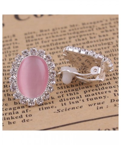 Bridal Rhinestone Opal Oval Shape Clip on Earrings for Women Charm Jewelry No Hole Ear Clip pink $7.27 Earrings