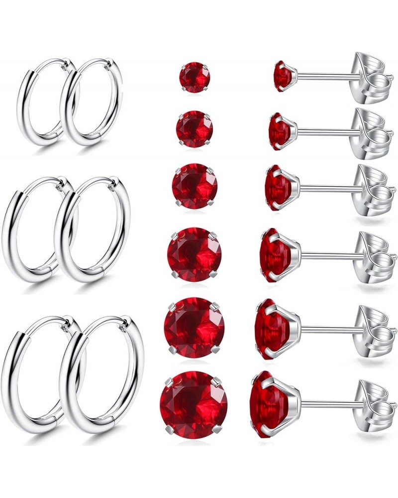 6 Pairs Stud Earrings Set, Hypoallergenic Cubic Zirconia Earrings 316L Stainless Steel CZ Earrings 3-8mm Red CZ and Huggie Ho...