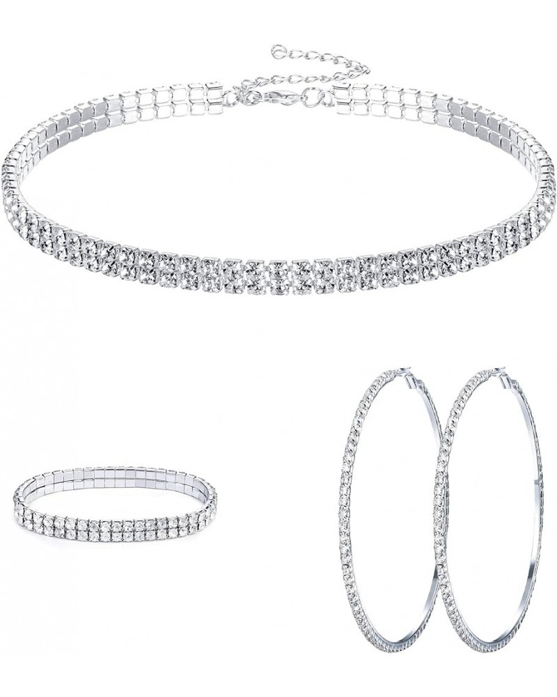 Rhinestone Choker Necklace Bracelet Hoop Earrings for Women Bling Rhinestone Jewelry Set for Wedding Bridal Party 2rows $7.64...