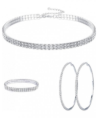 Rhinestone Choker Necklace Bracelet Hoop Earrings for Women Bling Rhinestone Jewelry Set for Wedding Bridal Party 2rows $7.64...